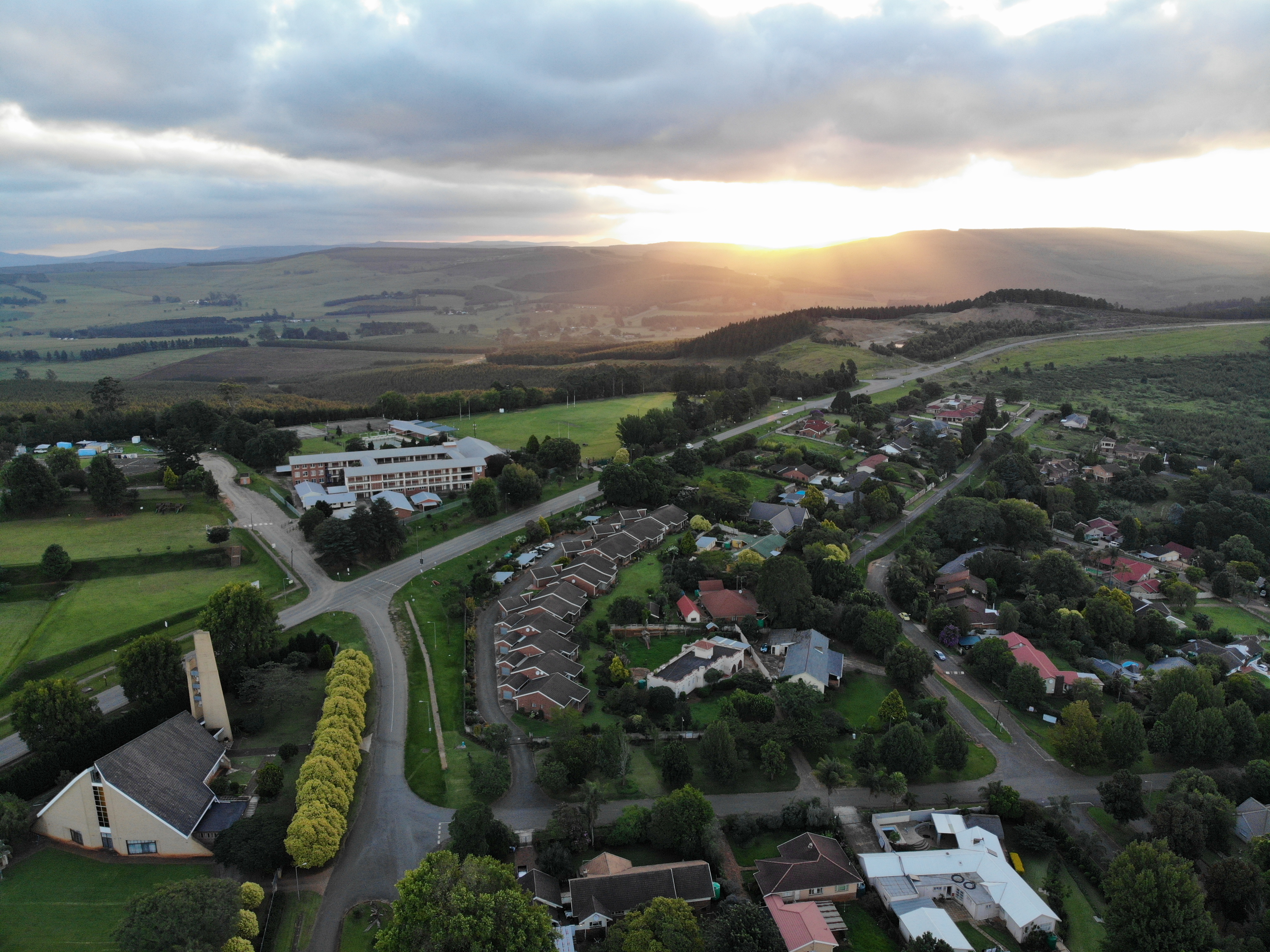 Aerial view of Greytown, KwaZulu-Natal Midlands at sunset