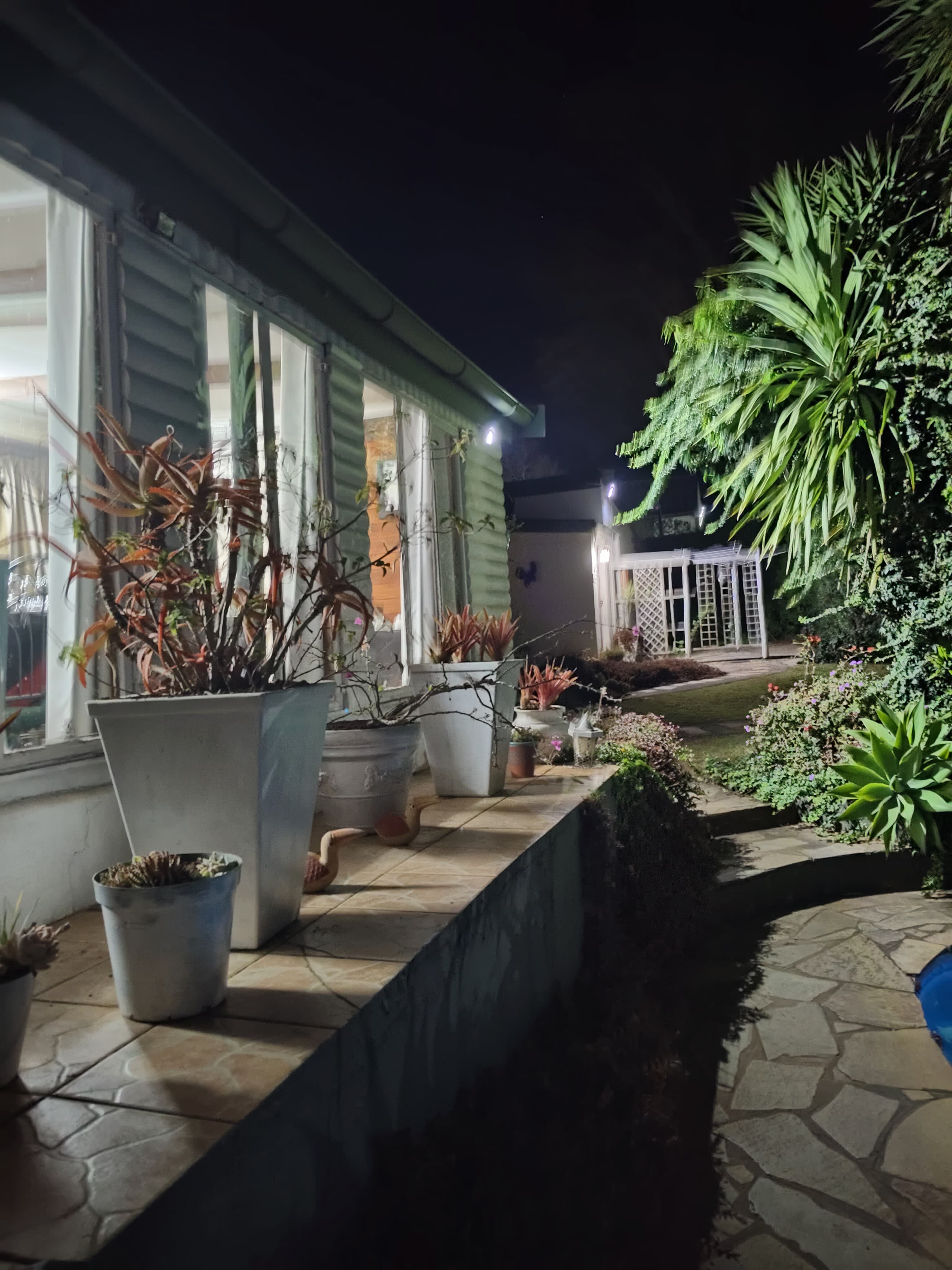 The Rawstornes garden at night, illuminated by warm lights